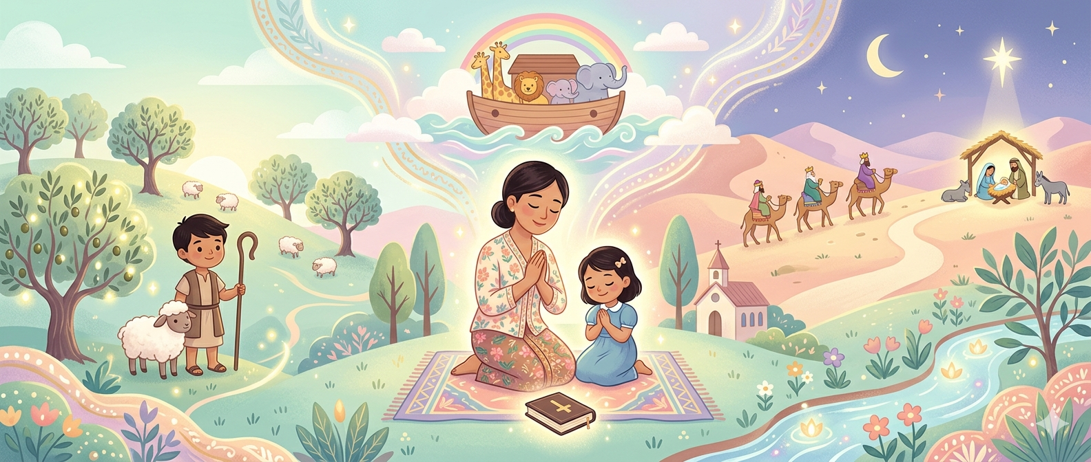 A Christian family praying together — children and parents growing in faith
